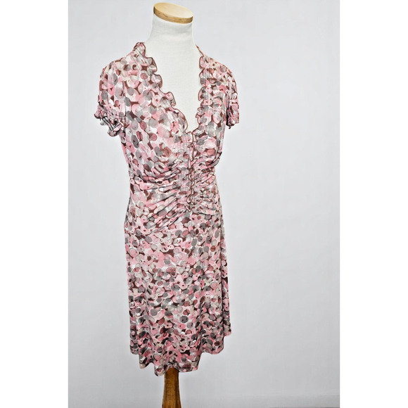 Connected Apparel Sheer Mesh Ruched Dress – Size 6 – Pink & Taupe Dot Print – - Picture 1 of 6